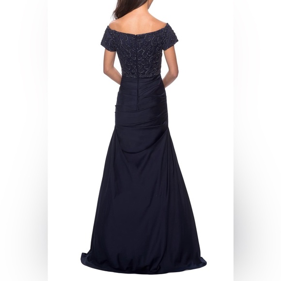 La Femme Off the Shoulder BEADED Satin Trumpet Gown~Navy~10~NWOT! - Picture 7 of 7